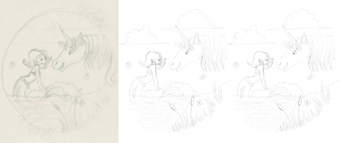 Analoge Vorzeichnung, erste digitale Zeichnung, finale Reinzeichnung