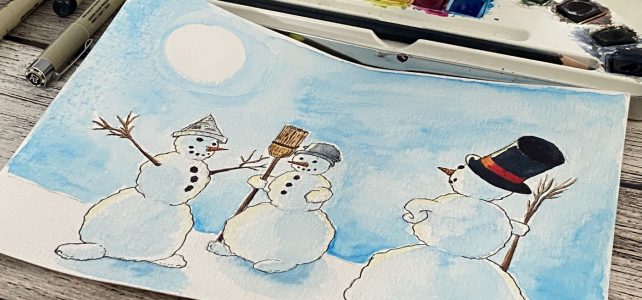 Wenn Schneemann zeichnen zu langweilig ist Foto einer Schneemann-Zeichnung vor dem Aquarellkasten