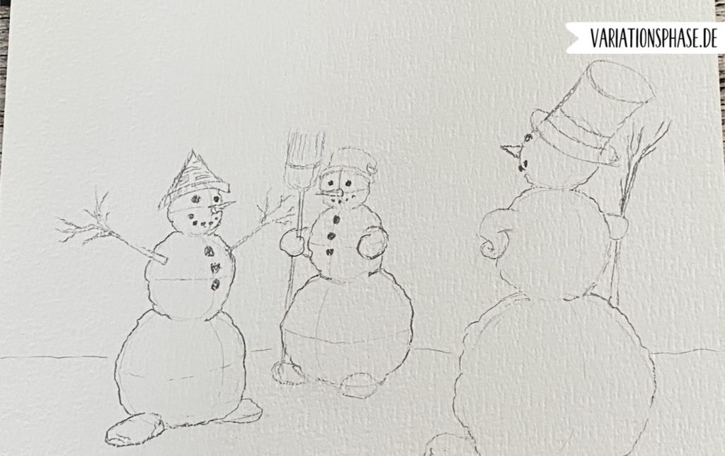 Vorzeichnung mit Bleistift von drei Schneemännern