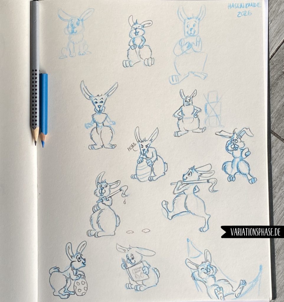Seite aus meinem Skizzenbuch mit verschiedenen Hasenfiguren.