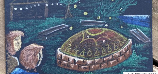 Zeichnung von zwei Jungen an einem magischen Stein