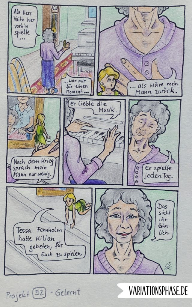 Comic-Seite Teil 3: Ursa Thalen erinnert sich an ihren verstorbenen Mann. 