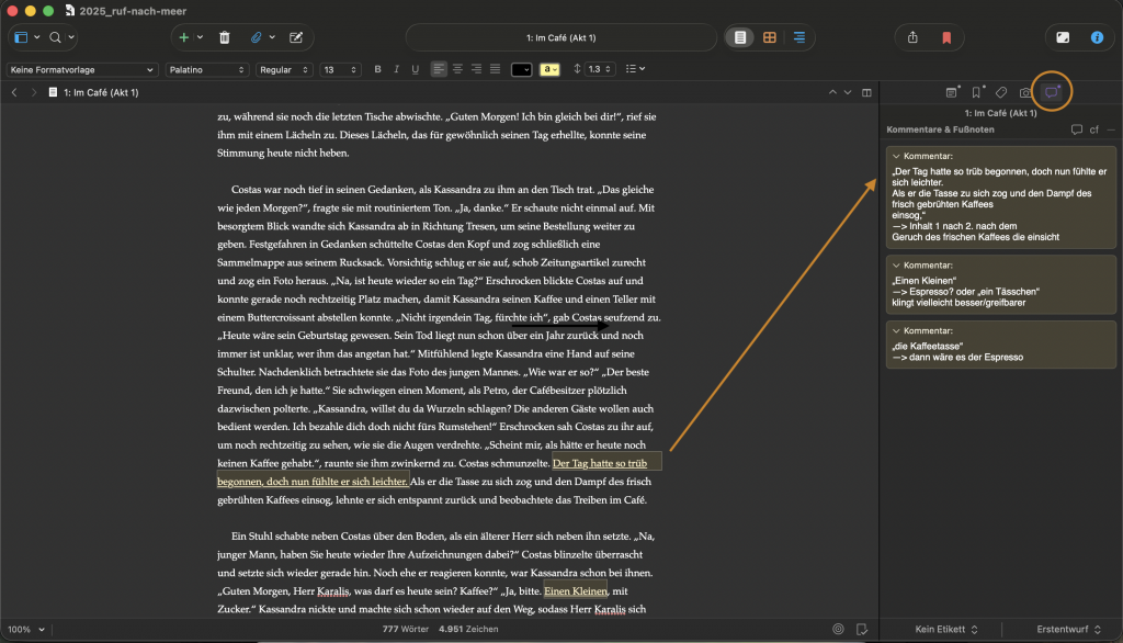 Kommentare in Scrivener als Feedback und Notizfunktion