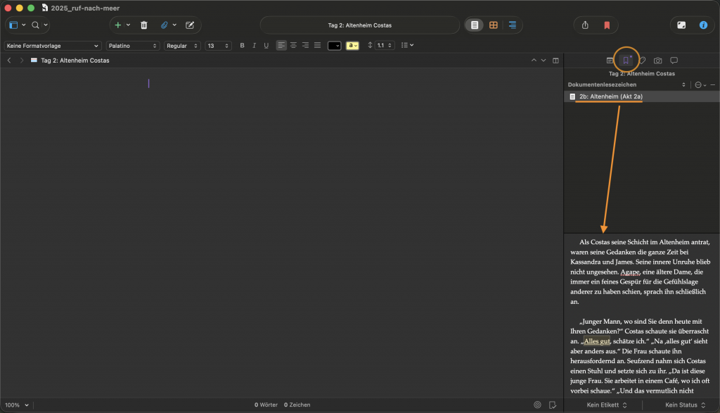 Lesezeichenfunktion in Scrivener