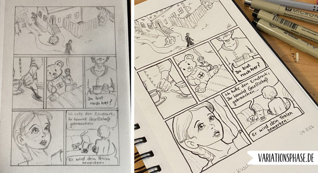 Prozesseinblick für die erste Comicseite aus dem Aprilprojekt