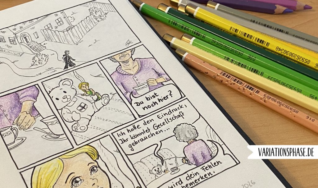 Prozesseinblick für die erste Comicseite aus dem Aprilprojekt