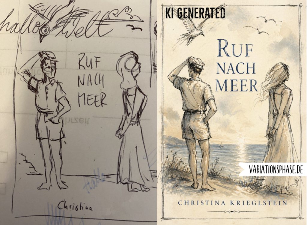 Grobe Skizze und KI Reproduktion als Motivtest für ein Cover